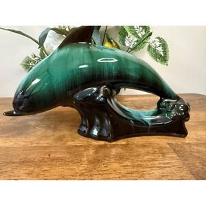 Vintage Blue Mountain Pottery Dolphin Figurine Canadian Green Drip Glaze Ceramic